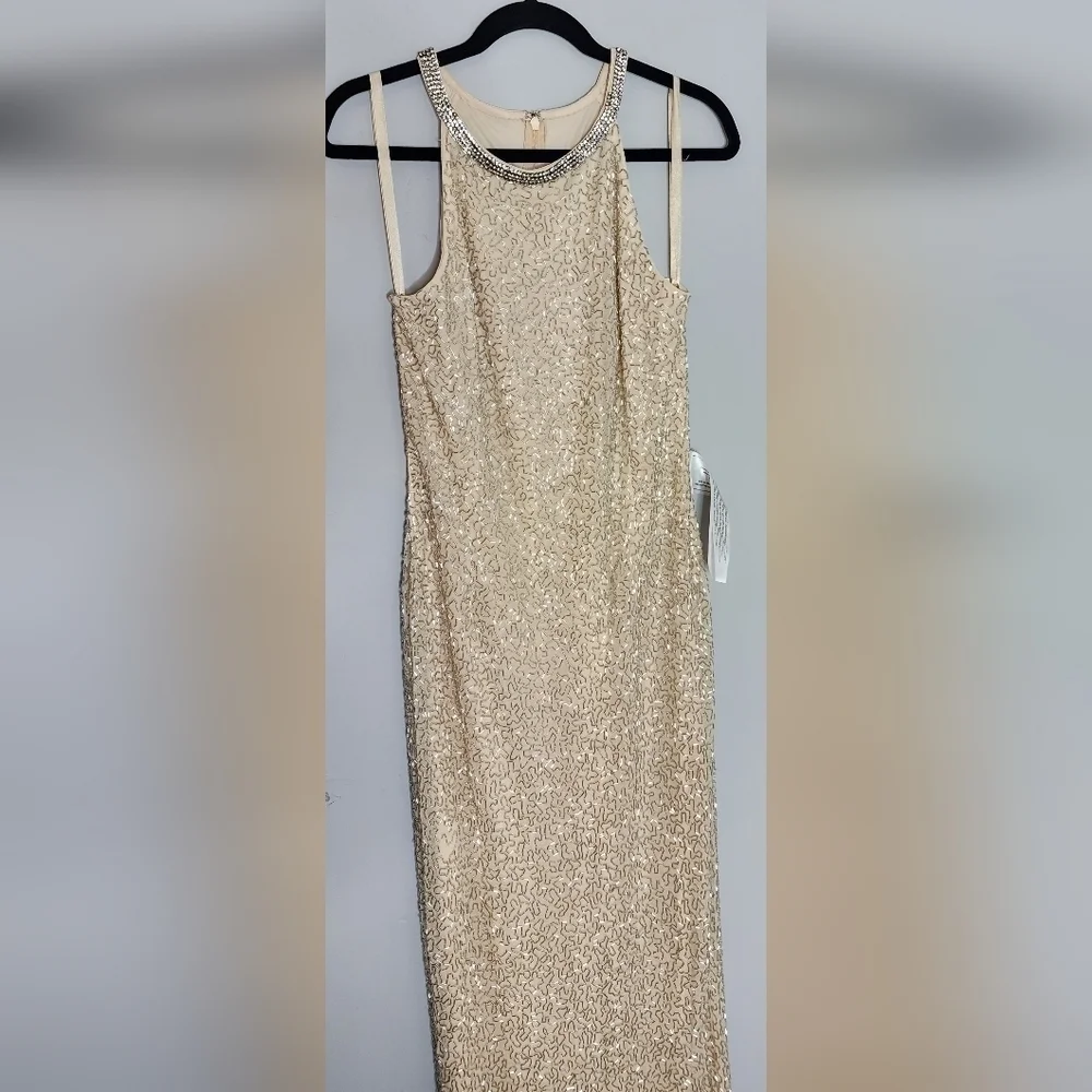 Mac Duggal BEADED SLEEVELESS HIGH NECK COLUMN GOWN size 10  Nude Silver - Picture 9 of 15